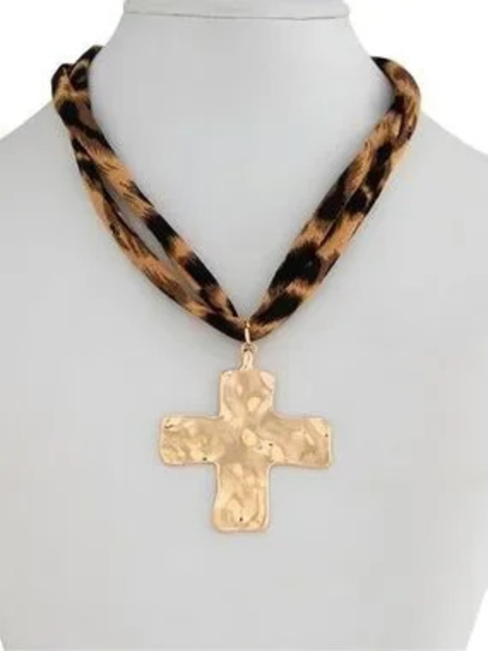 Anthropologie Gold Tone Cross Pendant on Leopard-Print Ribbon